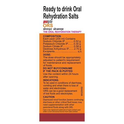 Cipla Prolyte Ors Ready To Drink Liquid Oral Rehydration Contains Vital Electrolytes | Restores Body Fluids & Electrolytes Lost Due To Sweating, Diarrhea & Vomiting | Who Formula (Orange, Pack Of 30)