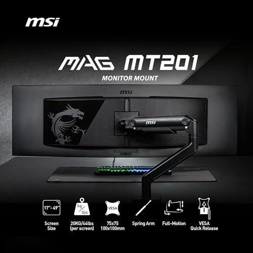 MSI MAG MT201 - Premium Heavy Duty Single Monitor Stand Arm, Supports 17-49" Screens and 44 lbs, VESA Compatible, Adjustable Spring Assisted Mount, Clamp & Grommet, Quick Release Plate - Black
