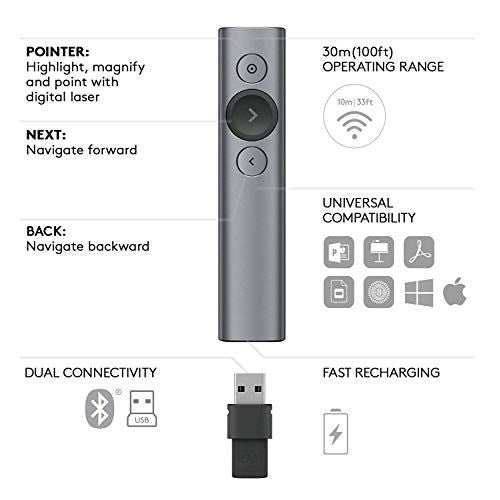 (Discontinued) Logitech Spotlight Presentation Remote - Advanced Digital Highlighting with Bluetooth, Universal Compatibility, 30M Range and Quick Charging – Slate