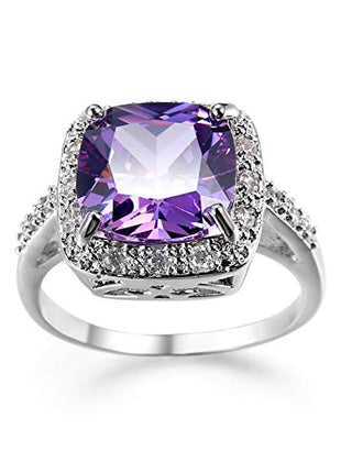 JerMrasra Birthstone Rings for Women White Gold Amethyst Cocktail Rings Purple CZ Engagement Ring Princess Cut Square Cubic Zirconia 925 Sterling Silver Shiny Full Diamond Ring for Women(7)