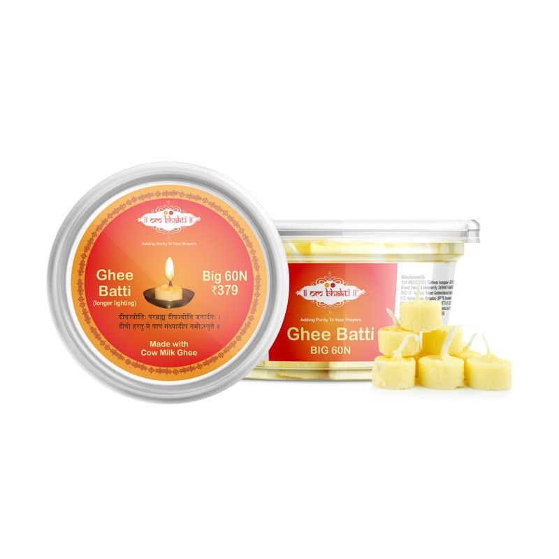 II om bhakti II Pure Cow Ghee Diya/Batti/Wicks (100% Wax Free) for Daily Puja, Festivals & Rituals - (60 Nos Pack)