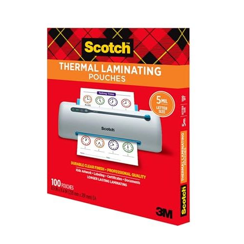 Scotch Thermal Laminating Pouches, 100 Count, Clear, 5 mil, Laminate Business Cards, Small Banners, Essays, Office or School Supplies, Fits Letter Size 8.9x11.4 in Paper
