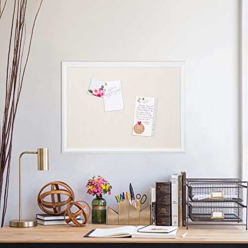 U Brands Farmhouse Linen Bulletin Board, 24" x 18", White Wood Style Frame, Industrial Grade Pinning Surface