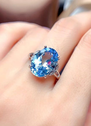 925 Sterling Silver Oval sea Blue Topaz Zircon Diamond Ring Gemstone Birthstone Sapphire Halo CZ Inlaid Adjustable Birthstone Wedding Promise Jewelry