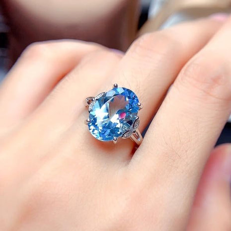 925 Sterling Silver Oval sea Blue Topaz Zircon Diamond Ring Gemstone Birthstone Sapphire Halo CZ Inlaid Adjustable Birthstone Wedding Promise Jewelry