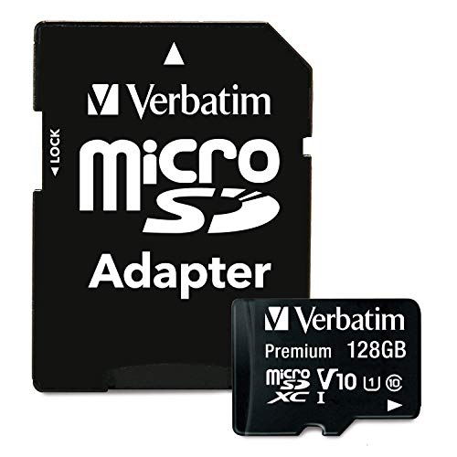 Verbatim 128GB Premium microSDXC Memory Card with Adapter UHS-I V10 Class 10 Supports Full HD (1080p) U1 Speed Rated Up to 90MB/s Read Speed