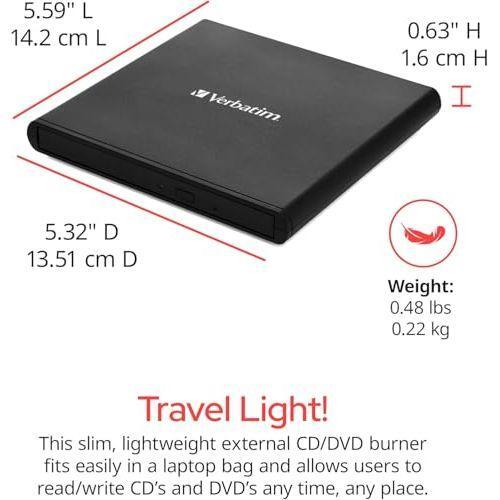 Verbatim Slimline CD / DVD Drive - External USB 2.0 CD DVD +/-RW Burner for Laptops and Notebooks with M-DISC Support - Mac & PC Compatible - Nero Burn & Archive Software Included - Black