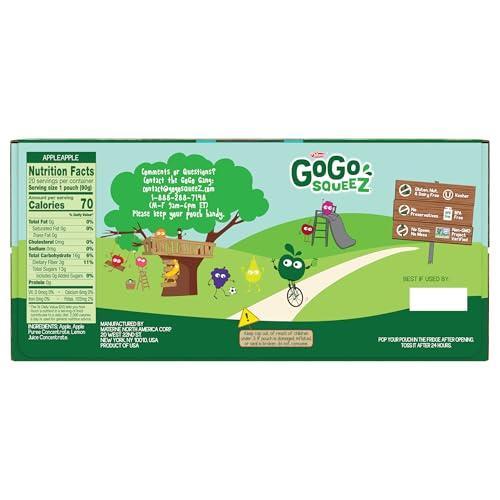 GoGo squeeZ Applesauce and Fruit Puree, Apple Apple, 3.2 oz (Pack of 20), Unsweetened Fruit Snacks for Kids, Gluten Free, Nut Free and Dairy Free, Recloseable Cap, BPA Free Pouches