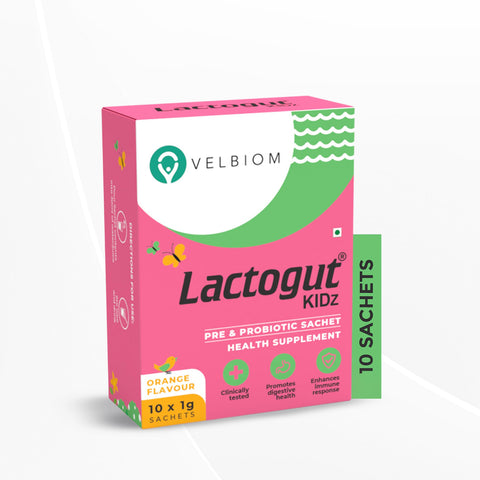 VELBIOM Lactogut Kidz Probiotics Powder for Kids Easy to Consume Probiotics Orange Flavour - 10 Sachets