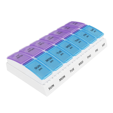 Ezy Dose Weekly (7 Day) AM/PM Pill Organizer, Vitamin and Medicine Box, Small Pop out Compartments, 2 Times a Day, Blue and Purple Lids