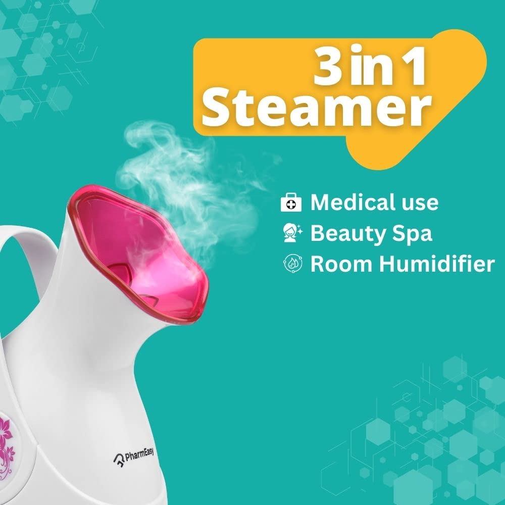 PharmEasy Steamer for Cold & Cough, Vapourizer & Steamer for Face steam, Steam Inhaler & Vaporizer Machine with Nano-Ionic Technology, UV Steam Sterilization, Fast Mist in 50sec, Aroma Diffuser Tray