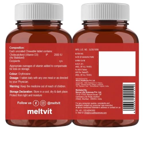 MELTVIT Chewable Vitamin D3 2000 IU - Cholecalciferol Vitamin D Supplement for Women & Men | Raspberry Flavour - 120 Tablets