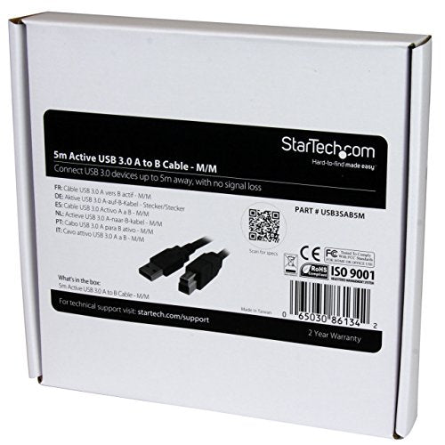 StarTech.com 5m 15 ft Active USB 3.0 (5Gbps) USB-A to USB-B Cable - M/M - USB A to B Cable - USB 3.2 Gen 1, TAA (USB3SAB5M)