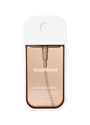 Touchland Body & Hair Vanilla Velvet Hydrating Fragrance Mist Travel Size | TSA ready spray. Gourmand scent of vanilla, coconut flakes, muguet & almond. Hydrates and refreshes skin and hair.