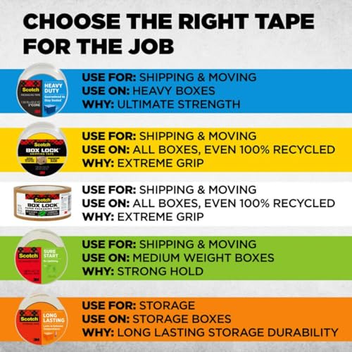 Scotch Heavy Duty Shipping Packing Tape, Clear, Packing Tape for Moving Boxes and Packaging Supplies, 1.88 in. x 22.2 yd., 6 Roll Dispensers, Moving Supplies