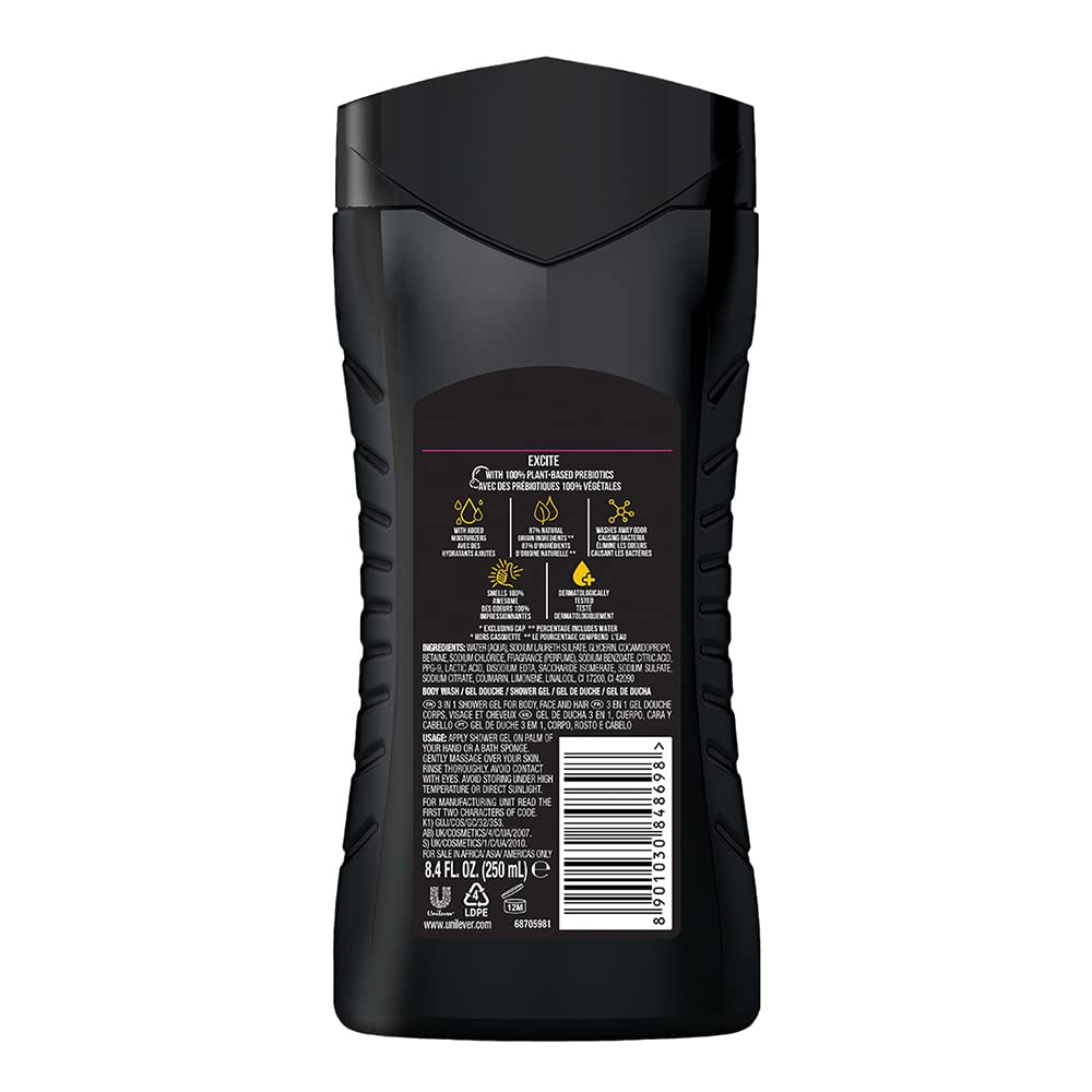 Axe Excite 3 In 1 Body, Face & Hair Wash For Men, Long-Lasting Refreshing Crisp Coconut & Black Pepper Fragrance For Upto 12Hrs, Natural Origin Ingredients, Removes Odor & Bacteria, No Paraben, 250ml