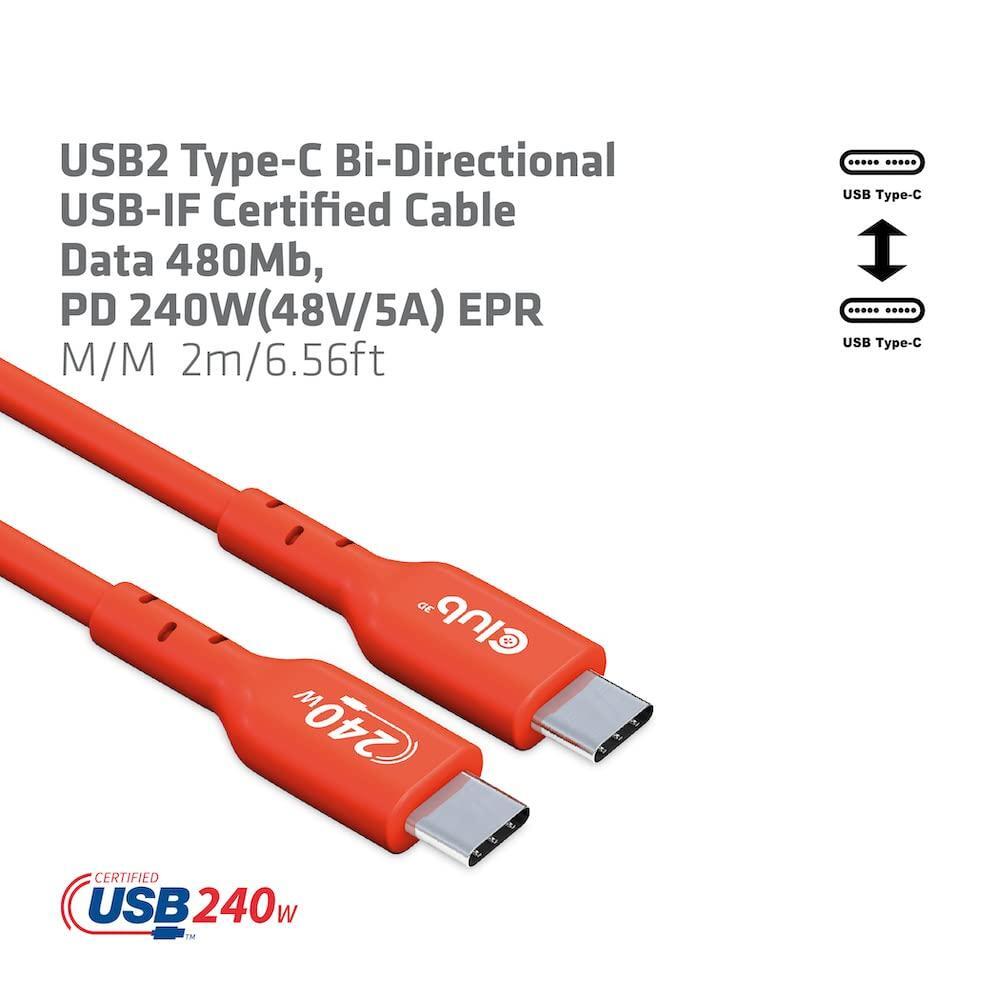 Club 3D CAC-1573 USB2 Type C to Type C Certified Bi-Directional Cable with 240W Charging, 480Mb Data Transmission EPR 2m - 6.56ft