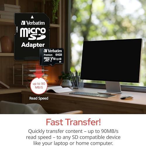 Verbatim 64GB Premium MicroSDXC Memory Card with Adapter UHS-I V10 Class 10 supports Full HD (1080p) U1 speed rated Up to 90MB/s read speed