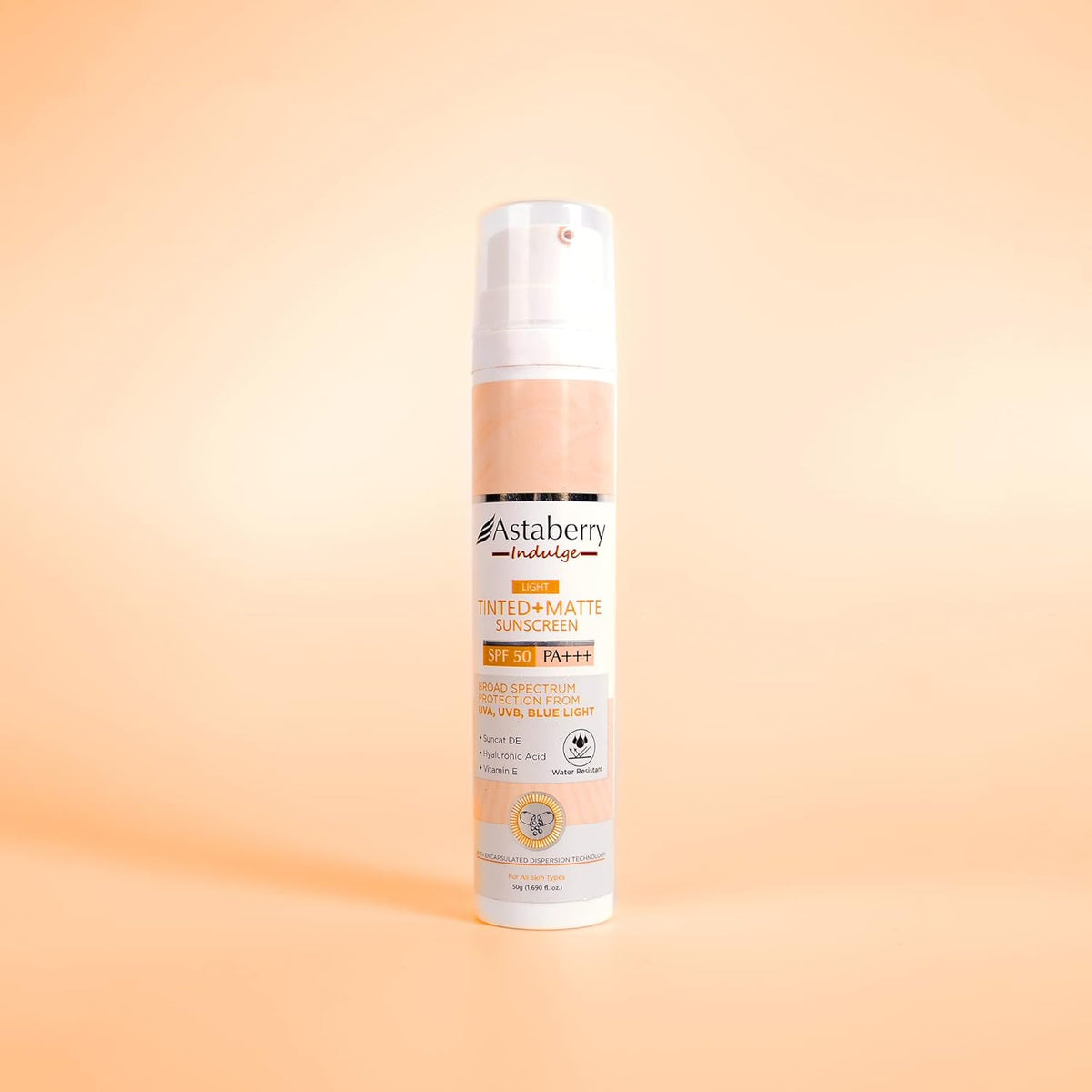 Astaberry Indulge Tinted Matte Sunscreen SPF 50 PA+++ | Broad Spectrum Protection from UVA/B & Blue Light | Suncat DE & No White Cast |Provides a Light Tint - 50g (Light)