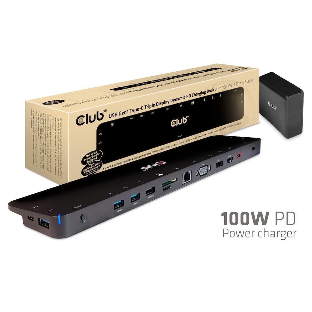 Club 3D CSV-1564W100 USB Gen1 Type-C Triple Display DP1.2 Alt Mode Smart PD3.0 Charging Dock with 100 Watt Power Supply
