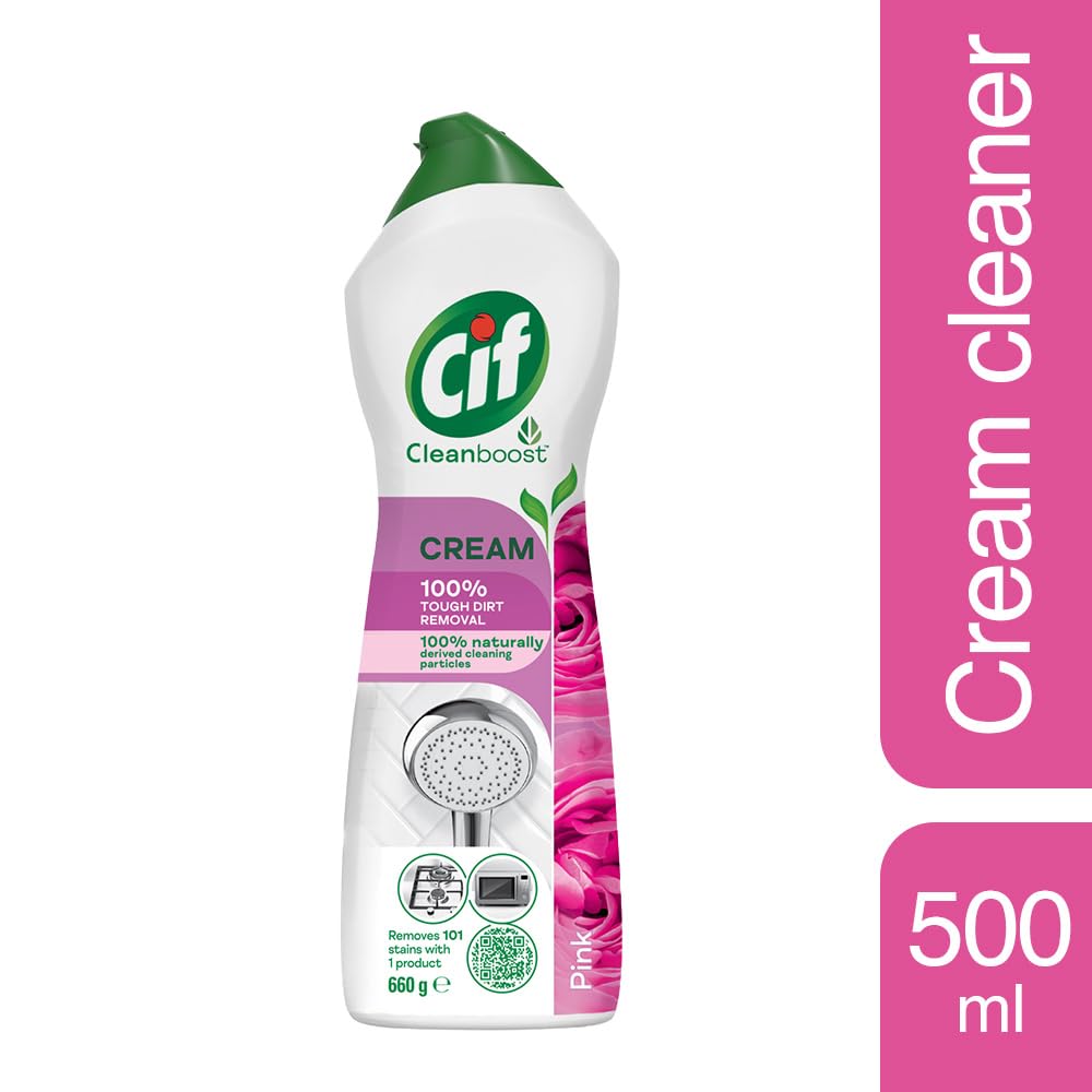 CIF Pink Floral Cream Multipurpose Surface Cleaner for Tough Stains, Floral Scent, Suitable for Bathtub, Chimney, Gas Stove, Tiles & Sink, 500ml