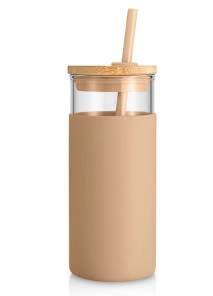 Tronco 20 oz Glass Tumbler with Lid and Straw, Iced Coffee Cup and Smoothie Cup with Bamboo Lids & Protective Silicone Sleeve, Dishwasher Safe, BPA-Free, Glass Cup 1 Pack