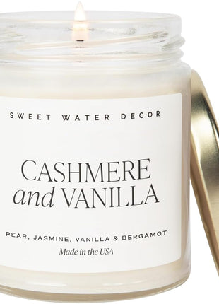 Sweet Water Decor Cashmere & Vanilla Candle, 9oz Clear Glass Jar | Jasmine, Soft Cashmere, Sandalwood & Vanilla Scented Soy Wax Candle, Gold Lid, 40+ Hour Burn Time, Poured in USA
