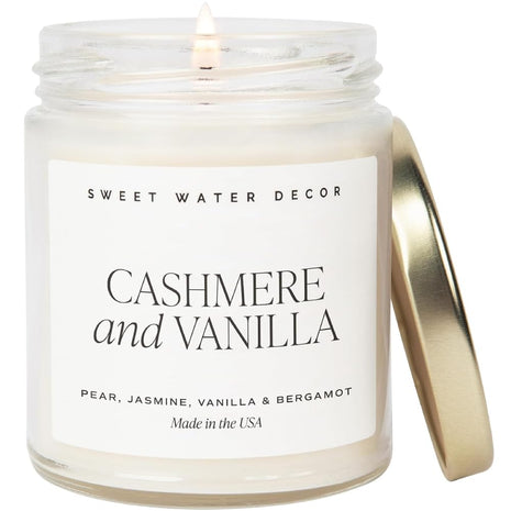 Sweet Water Decor Cashmere & Vanilla Candle, 9oz Clear Glass Jar | Jasmine, Soft Cashmere, Sandalwood & Vanilla Scented Soy Wax Candle, Gold Lid, 40+ Hour Burn Time, Poured in USA