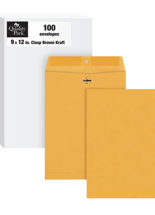 Quality Park 9 x 12 Clasp Envelopes with Deeply Gummed Flaps, Great for Filing, Storing or Mailing Documents, 28 lb Brown Kraft, 100 per Box (QUA37890)