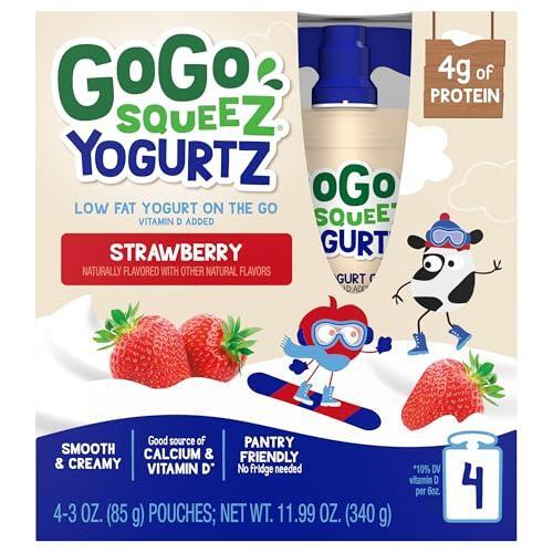 GoGo SqueeZ YogurtZ Strawberry, Kids Snacks Made from Real Yogurt & Fruit, Pantry Friendly Snack, No Fridge Needed, No Preservatives, Kosher Certified, Gluten Free, 3 Oz, 4 Pack