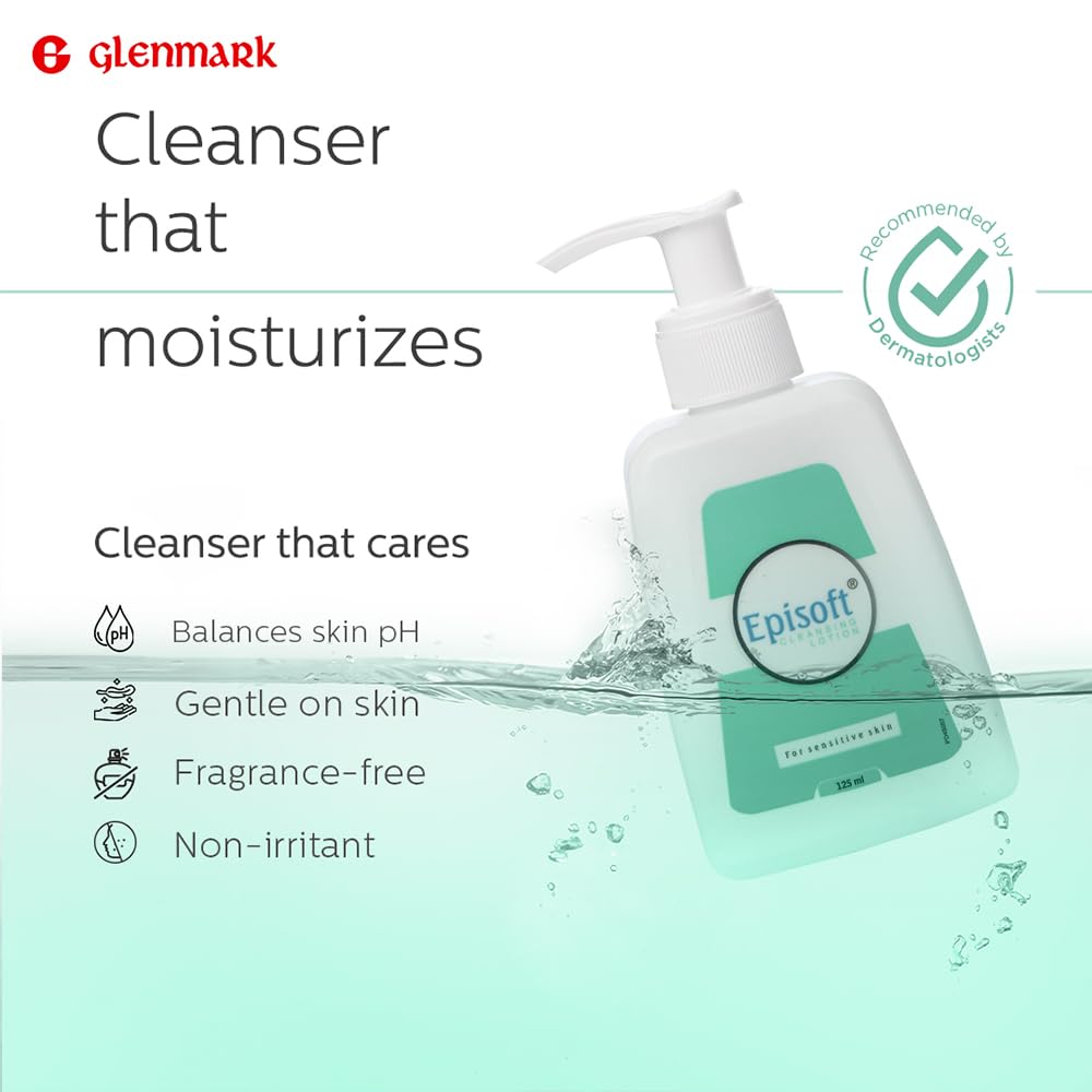 Glenmark Episoft Cleansing Lotion for Sensitive & Dry Skin I Cleanser for face | Gentle Cleanser removes Excess oil I Moisturises and Makes Skin Soft and Glowing I Makeup cleanser I Free of SLS & Paraben | 125ml