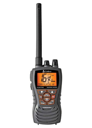 Cobra MR HH350 FLT Handheld Floating VHF Marine Radio - 6 Watt, Submersible, Noise Cancelling Mic, Backlit LCD Display, NOAA Weather, and Memory Scan, Grey