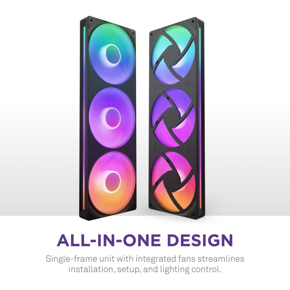 NZXT F360 RGB Core - 360mm Single-Frame Fan Unit with 3 x 120mm RGB Fans - Speed & Lighting Control - High Static Pressure & Airflow - Fluid Dynamic Bearings - 8 aRGB LEDs Per Fan - Black