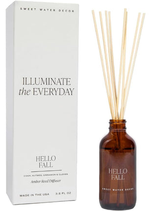 Sweet Water Decor Hello Fall Reed Diffuser Set - Hot Cider, Cinnamon, Cloves, Apple, and Nutmeg Fall Scented Diffuser - Scent Diffusers for Home, Fall Home Decor Long Lasting Fragrance Made in the USA