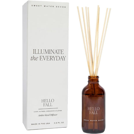 Sweet Water Decor Hello Fall Reed Diffuser Set - Hot Cider, Cinnamon, Cloves, Apple, and Nutmeg Fall Scented Diffuser - Scent Diffusers for Home, Fall Home Decor Long Lasting Fragrance Made in the USA