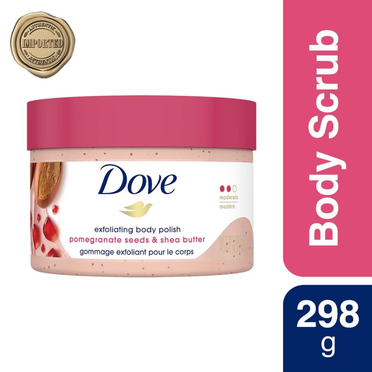 Dove Body Polish Exfoliating Scrub, Moisturizing Shea Butter and Pomegranate Seeds | Nourishes & Conditions Soft Skin | Sulphate Free, 298gm