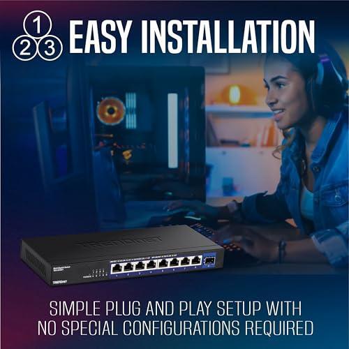 TRENDnet 9-Port Unmanaged 2.5G Switch with 10G SFP+ Port, TEG-S5091, 8 x 2.5GBASE-T Ports, 60Gbps, Wall Mountable, Ethernet Splitter, NDAA & TAA Compliant, Lifetime Protection, Black
