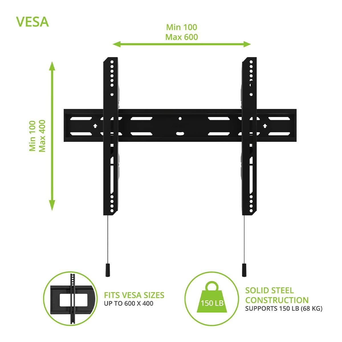 Kanto PF300 Fixed TV Mount for 32" to 90" TVs | Up to 150 lb | VESA 100 x 100 to 600 x 400 | Extra Wide Wall Plate | Post-Installation Leveling | Lockable Arms | Quick Release | Low Profile | Black