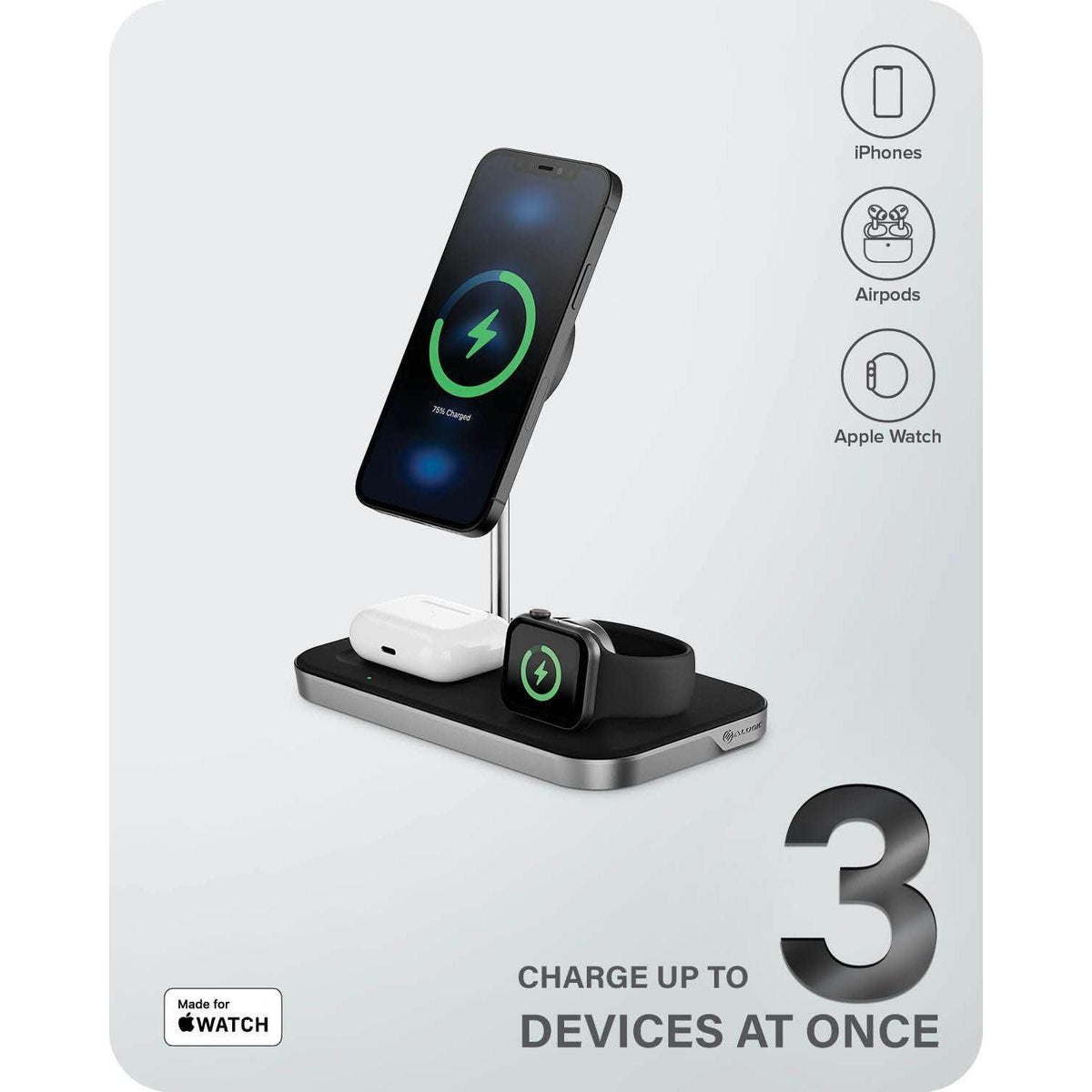 ALOGIC MagSpeed 3-in-1 Wireless Charging Station, MagSafe Compatible for iPhone 15/14/13/12 Series, Wireless Charging Enabled AirPods Case & All Apple Watch Models, LED Indicator, Certified Safe.