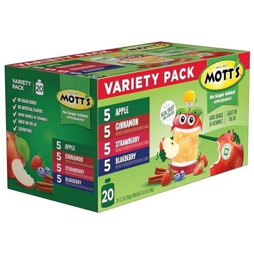 Mott's No Sugar Added Applesauce Variety Pack, 4 Flavors – Apple, Strawberry, Cinnamon & Blueberry, Made from Real Fruit, No Artificial Flavors, 3.2 Clear Pouches, 20 Pack