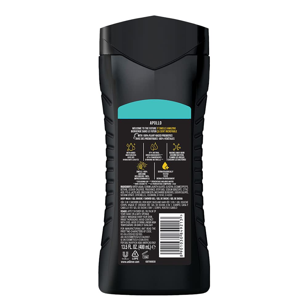 Axe Apollo 3 In 1 Body, Face & Hair Wash For Men, Long-Lasting Refreshing Sage & Cedarwood Fragrance For Upto 12Hrs, Natural Origin Ingredients, Removes Odor & Bacteria, No Parabens, 400ml