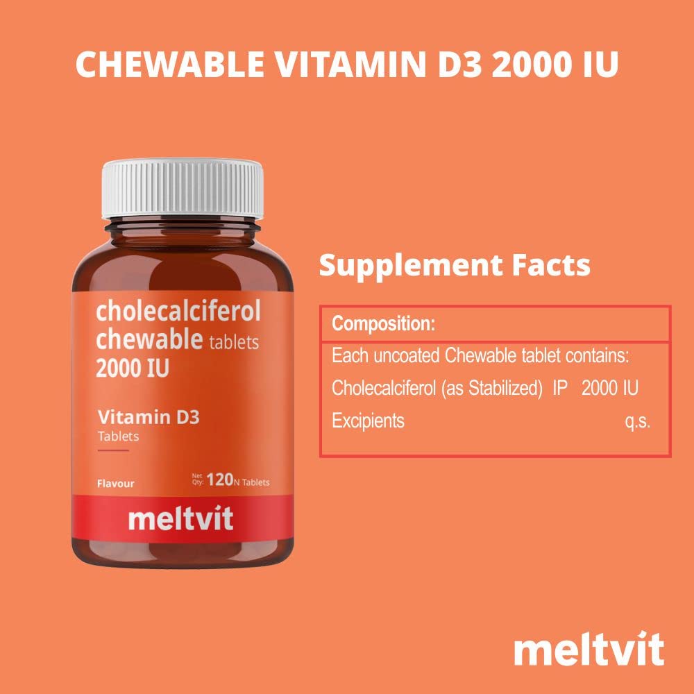 MELTVIT Chewable Vitamin D3 2000 IU - Cholecalciferol Vitamin D Supplement for Women & Men | Raspberry Flavour - 120 Tablets