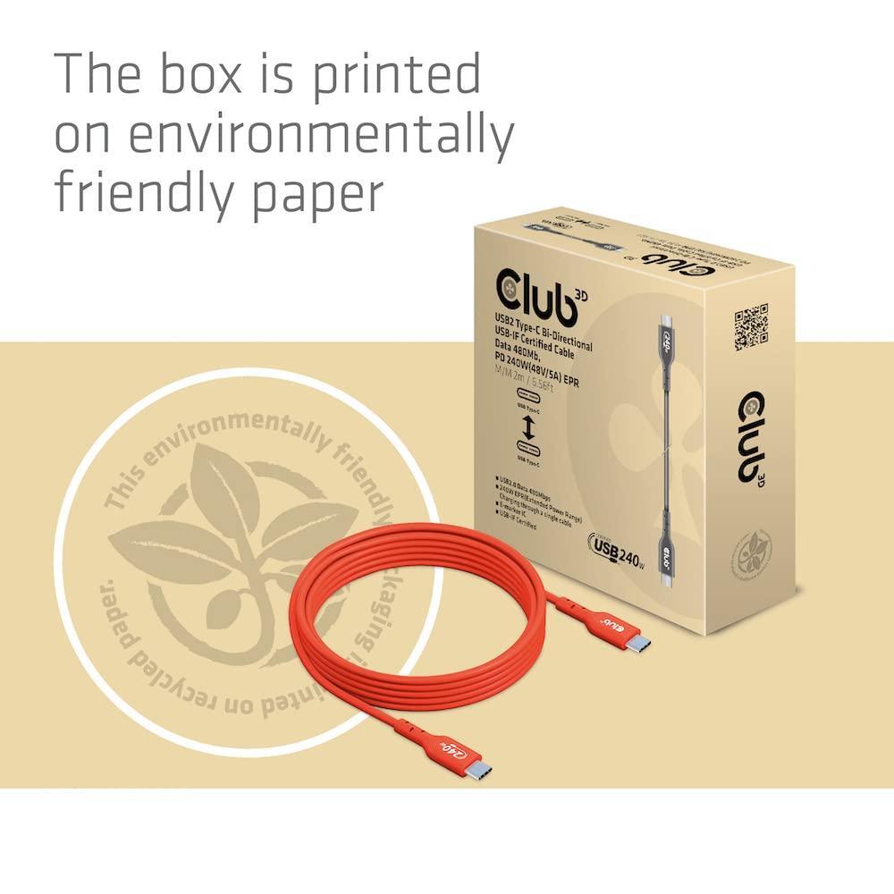 Club 3D CAC-1573 USB2 Type C to Type C Certified Bi-Directional Cable with 240W Charging, 480Mb Data Transmission EPR 2m - 6.56ft