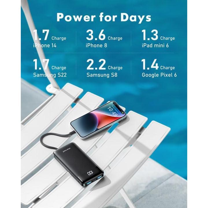 charmast Portable Charger with Built in Cables, Power Bank with Cords Wires, Slim 10000mAh Travel Battery Pack 6 Outputs 3 Inputs 3A Fast Charging for Samsung Google Pixel LG Moto iPhone iPad