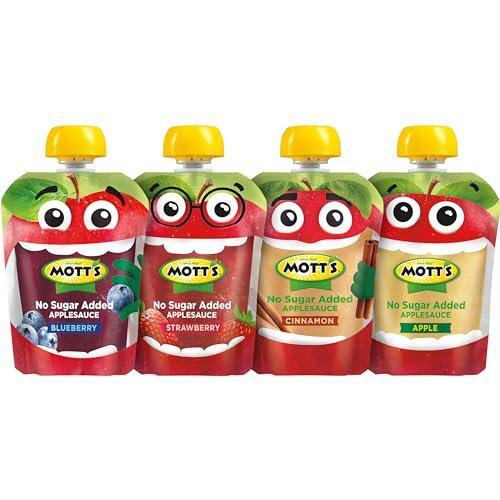 Mott's No Sugar Added Applesauce Variety Pack, 4 Flavors – Apple, Strawberry, Cinnamon & Blueberry, Made from Real Fruit, No Artificial Flavors, 3.2 Clear Pouches, 20 Pack