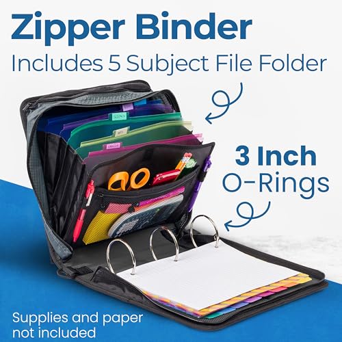 Case-it Mighty Zip Tab School Zipper Binder | 3-Inch O-Rings, 600-Sheet Capacity, 5-Subject Expanding File Folder, Multiple Pockets & Storage Organizer, Shoulder Strap | D-146 Jet Black