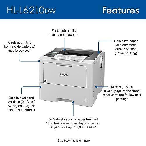 Brother Professional Laser Printer with High-Speed 50 ppm Output, Advanced Security Features, and Wireless Networking for Business, Monochrome Printing with Duplex Capability (HL-6210DW)