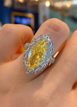 Olive Horse Eye Ring 925 Silver Full Diamond Ring Promise Rings for Her,18k Gold Shiny Citrine Ring Cubic Zirconia Promise Rings Cz Yellow Gem Cocktail Rings Eternity Engagement Wedding Ring (6)