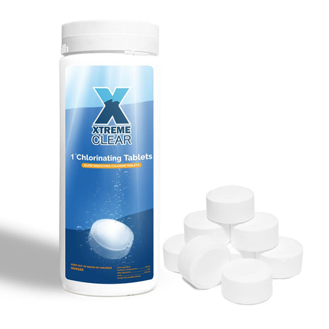 XtremeClear 1 inch Chlorine Tabs Swimming Pool Hot Tub & Spa Eliminate Bacteria & Algae Sanitizer Makes Water Clean & Crystal Clear Slow Dissolving 1.5lbs