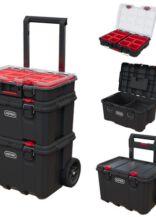 Keter Stack-n-Roll Modular Tools Organizer for Garage Storage and DIY, 3 Piece Resin Rolling Tool Box System for Small Parts, Black